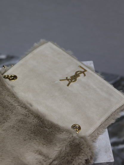 SAINT LAURENT KATE FLAP BAG 28 IN ECRU BEIGE RABBIT FUR GOLD CHAIN
