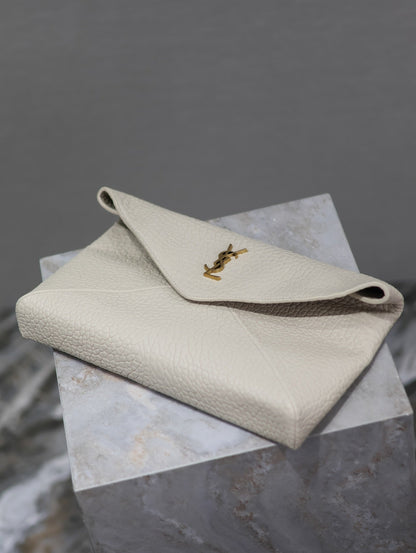 SAINT LAURENT ENVELOPE CLUTCH 29 IN WHITE LAMBSKIN COPPER LOGO