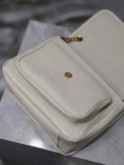 SAINT LAURENT NIKI BABY 22 IN WHITE ELEPHANT PATTERN LAMBSKIN GOLD LOGO