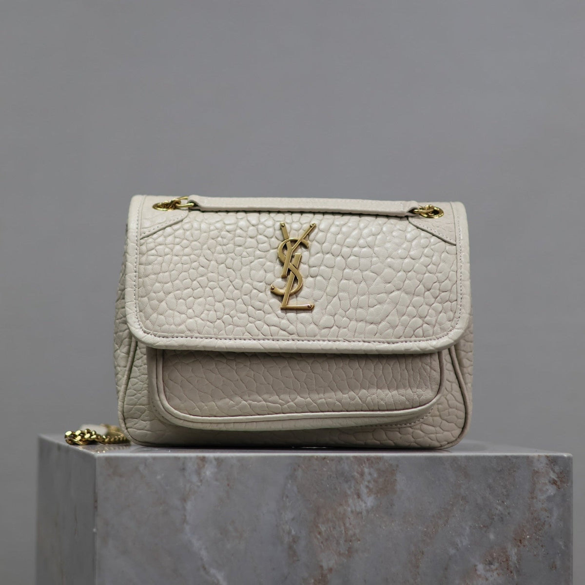 SAINT LAURENT NIKI BABY 22 IN WHITE ELEPHANT PATTERN LAMBSKIN GOLD LOGO