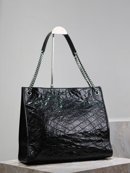 SAINT LAURENT NIKI SHOPPING BAG 39 IN BLACK CRUMPLED CALFSKIN SILVER HARDWARE