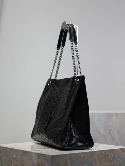 SAINT LAURENT NIKI SHOPPING BAG 39 IN BLACK CRUMPLED CALFSKIN SILVER HARDWARE