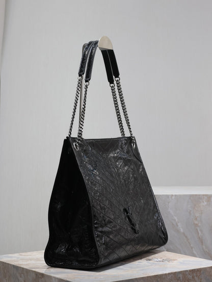 SAINT LAURENT NIKI SHOPPING BAG 39 IN BLACK CRUMPLED CALFSKIN SILVER HARDWARE