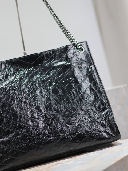 SAINT LAURENT NIKI SHOPPING BAG 39 IN BLACK CRUMPLED CALFSKIN SILVER HARDWARE