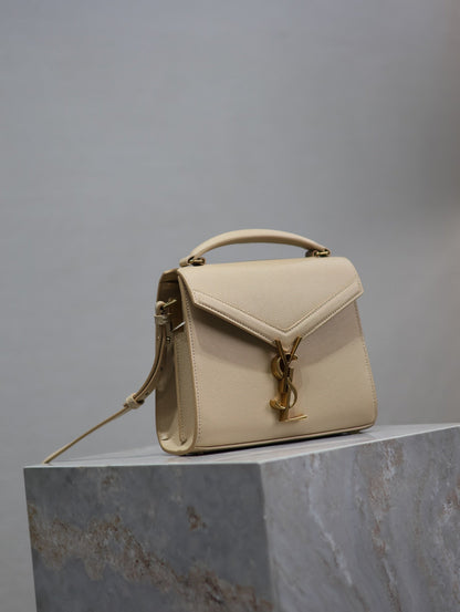 SAINT LAURENT CASSANDRA MINI TOP HANDLE BAG 20 IN BEIGE CALFSKIN GOLD HARDWARE