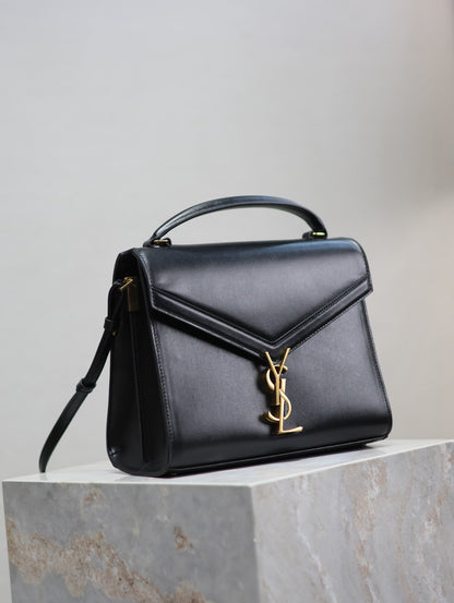 SAINT LAURENT CASSANDRA TOP HANDLE BAG 24 IN BLACK SMOOTH LAMBSKIN GOLD HARDWARE