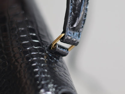 SAINT LAURENT CASSANDRA TOP HANDLE BAG 24 IN BLACK CROCODILE-EMBOSSED GLOSSY CALFSKIN
