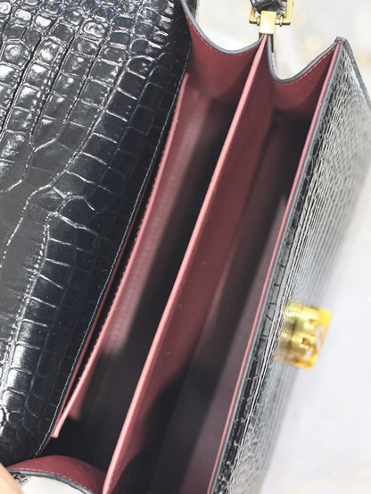 SAINT LAURENT CASSANDRA TOP HANDLE BAG 24 IN BLACK CROCODILE-EMBOSSED GLOSSY CALFSKIN