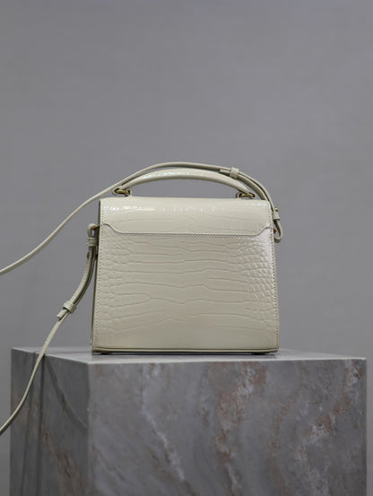 SAINT LAURENT CASSANDRA MINI TOP HANDLE BAG 20 IN WHITE CROCODILE-EMBOSSED GLOSSY CALFSKIN