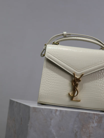 SAINT LAURENT CASSANDRA MINI TOP HANDLE BAG 20 IN WHITE CROCODILE-EMBOSSED GLOSSY CALFSKIN