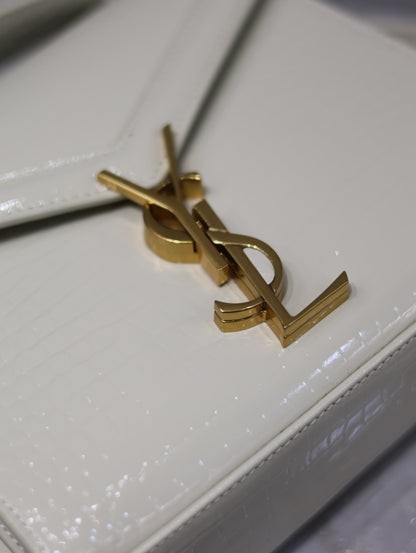 SAINT LAURENT CASSANDRA MINI TOP HANDLE BAG 20 IN WHITE CROCODILE-EMBOSSED GLOSSY CALFSKIN