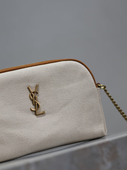 SAINT LAURENT GABY ZIPPED POUCH 19 IN WHITE MIX BROWN COTTON GOLD HARDWARE