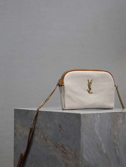 SAINT LAURENT GABY ZIPPED POUCH 19 IN WHITE MIX BROWN COTTON GOLD HARDWARE