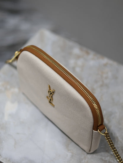 SAINT LAURENT GABY ZIPPED POUCH 19 IN WHITE MIX BROWN COTTON GOLD HARDWARE