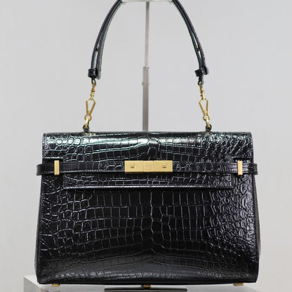 SAINT LAURENT MANHATTAN HANDBAG 32 IN BLACK CROCODILE-EMBOSSED CALFSKIN GOLD HARDWARE