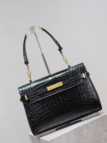 SAINT LAURENT MANHATTAN HANDBAG 32 IN BLACK CROCODILE-EMBOSSED CALFSKIN GOLD HARDWARE