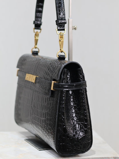 SAINT LAURENT MANHATTAN HANDBAG 32 IN BLACK CROCODILE-EMBOSSED CALFSKIN GOLD HARDWARE
