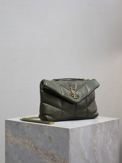SAINT LAURENT YSL 25S LOULOU PUFFER MINI 23 IN DARK OLIVE CALFSKIN GOLD HARDWARE