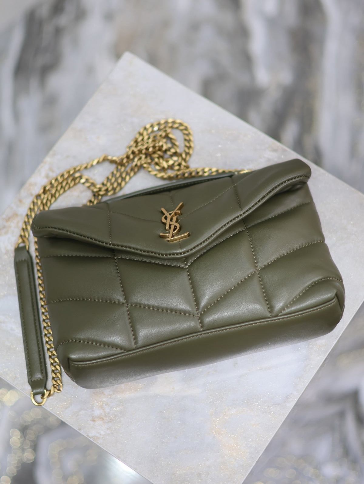 SAINT LAURENT YSL 25S LOULOU PUFFER MINI 23 IN DARK OLIVE CALFSKIN GOLD HARDWARE