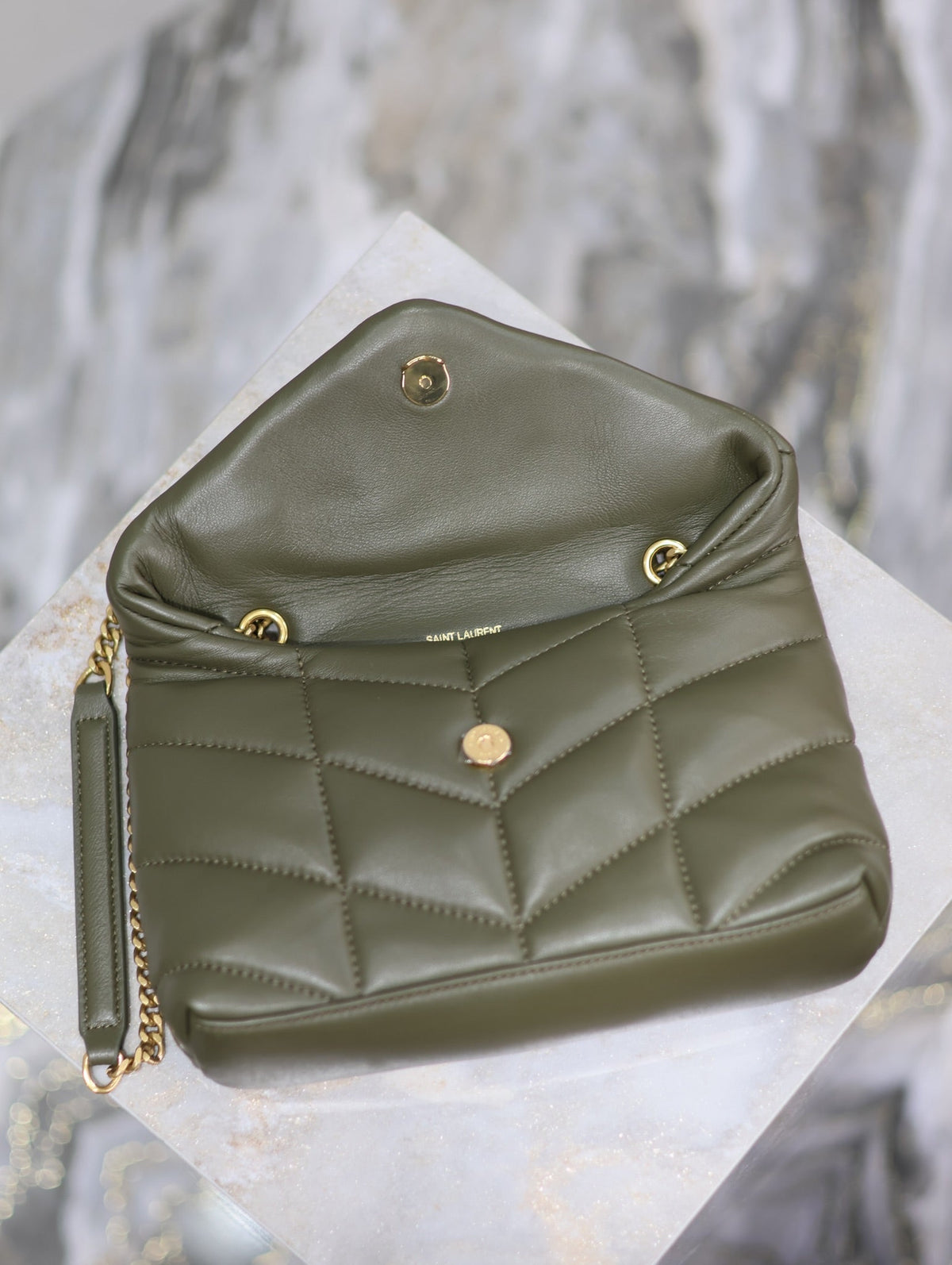SAINT LAURENT YSL 25S LOULOU PUFFER MINI 23 IN DARK OLIVE CALFSKIN GOLD HARDWARE