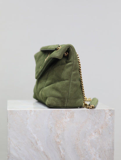 SAINT LAURENT YSL 25S LOULOU PUFFER MM 29 IN GREEN SUEDE GOLD HARDWRE
