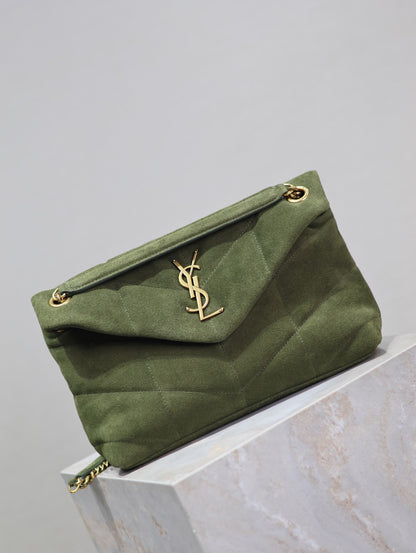 SAINT LAURENT YSL 25S LOULOU PUFFER MM 29 IN GREEN SUEDE GOLD HARDWRE