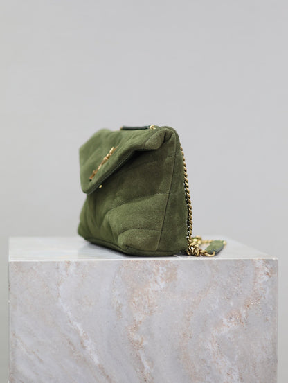 SAINT LAURENT PUFFER TOY 23 IN PICKLE GREEN SUEDE GOLD HARDWARE