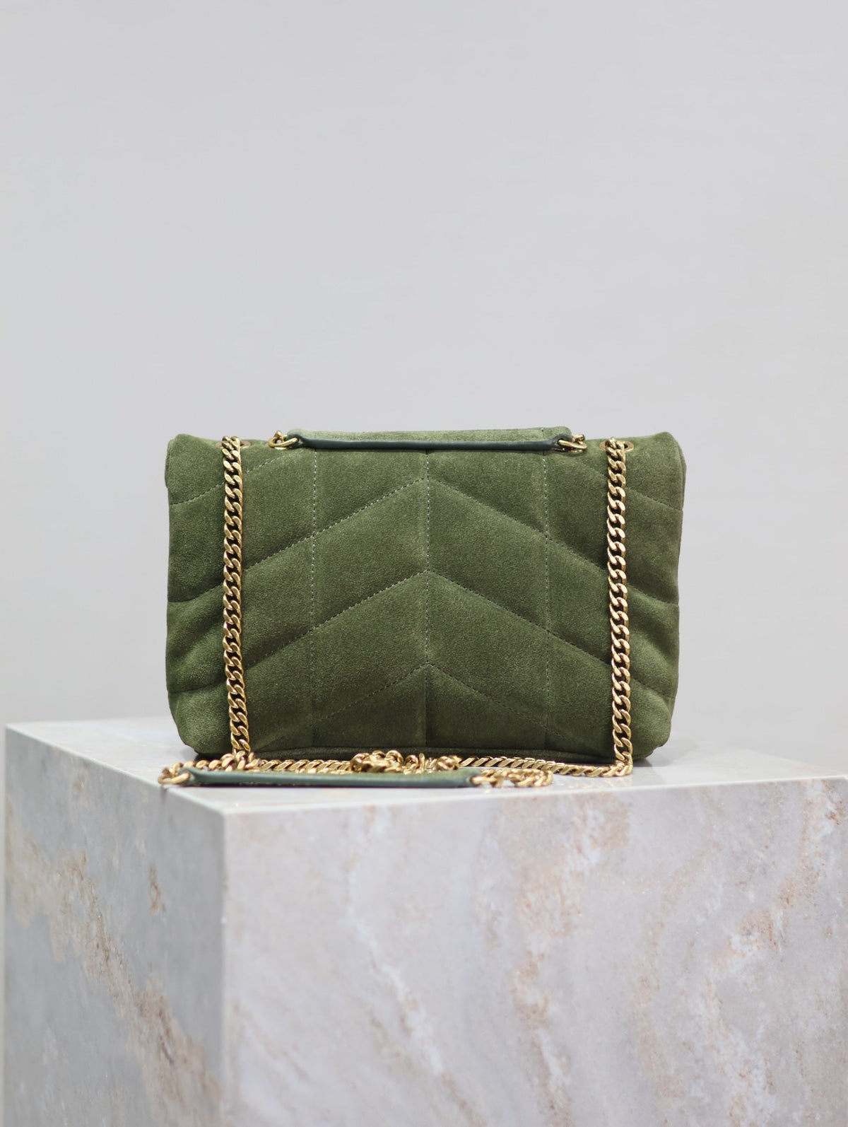 SAINT LAURENT PUFFER TOY 23 IN PICKLE GREEN SUEDE GOLD HARDWARE