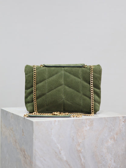 SAINT LAURENT PUFFER TOY 23 IN PICKLE GREEN SUEDE GOLD HARDWARE