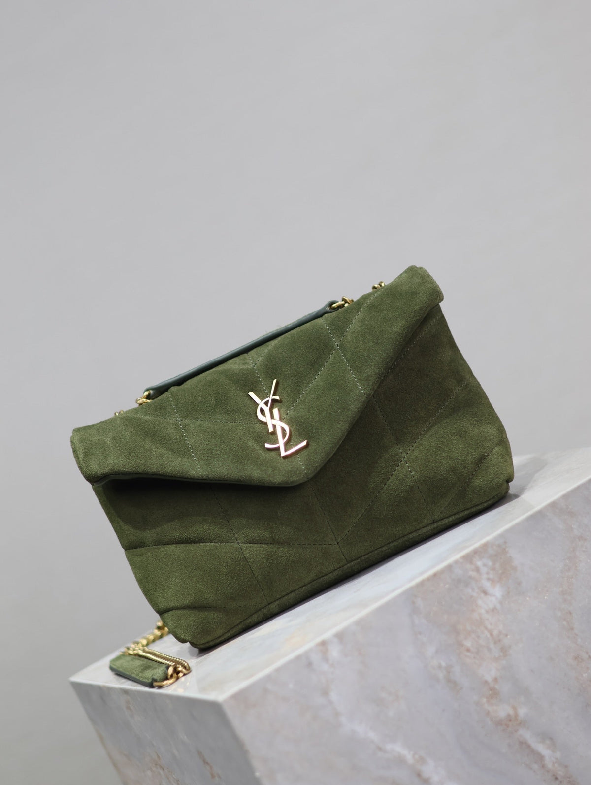 SAINT LAURENT PUFFER TOY 23 IN PICKLE GREEN SUEDE GOLD HARDWARE