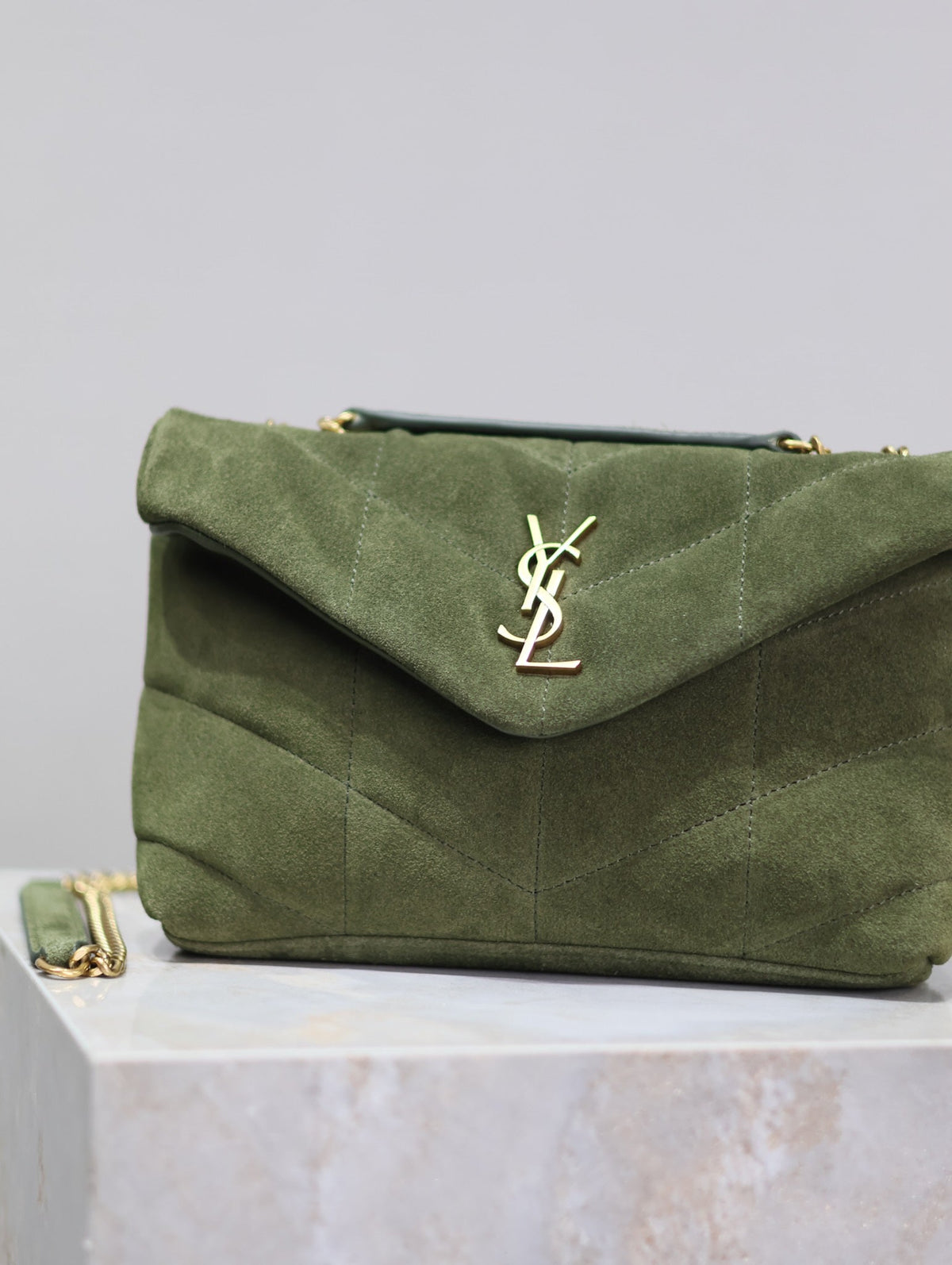 SAINT LAURENT YSL 25S LOULOU PUFFER MINI 23 IN GREEN SUEDE GOLD HARDWARE