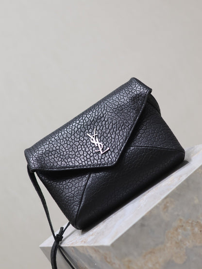 SAINT LAURENT ENVELOPE CHAIN BAG 23 IN BLACK ELEPHANT TEXTURE LAMBSKIN SILVER LOGO