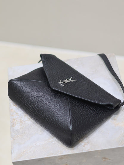 SAINT LAURENT ENVELOPE CHAIN BAG 23 IN BLACK ELEPHANT TEXTURE LAMBSKIN SILVER LOGO