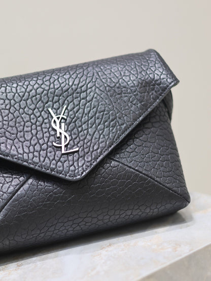 SAINT LAURENT ENVELOPE CHAIN BAG 23 IN BLACK ELEPHANT TEXTURE LAMBSKIN SILVER LOGO