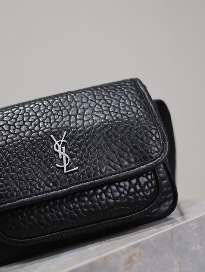 SAINT LAURENT NIKI BABY 22 IN BLACK ELEPHANT PATTERN LAMBSKIN SILVER LOGO
