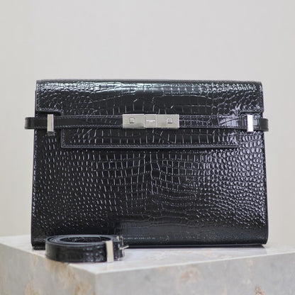 SAINT LAURENT MANHATTAN MEDIUM 29 IN BLACK CROCODILE-EMBOSSED CALFSKIN SILVER BUCKLE