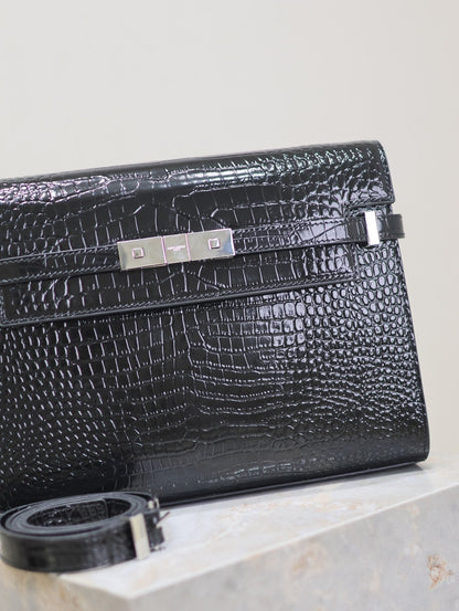 SAINT LAURENT MANHATTAN MEDIUM 29 IN BLACK CROCODILE-EMBOSSED CALFSKIN SILVER BUCKLE