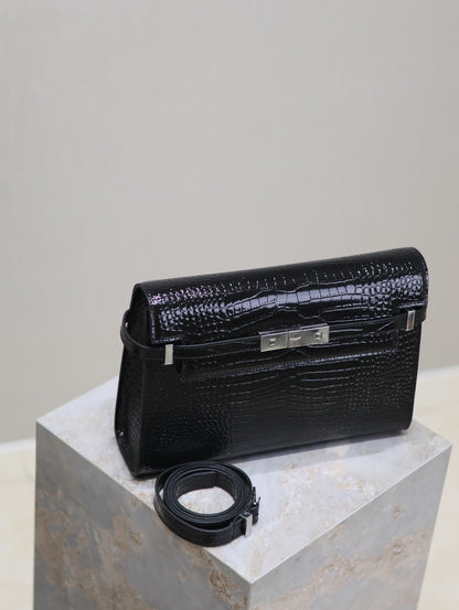 SAINT LAURENT MANHATTAN MEDIUM 29 IN BLACK CROCODILE-EMBOSSED CALFSKIN SILVER BUCKLE