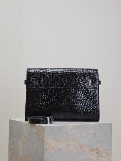SAINT LAURENT MANHATTAN MEDIUM 29 IN BLACK CROCODILE-EMBOSSED CALFSKIN SILVER BUCKLE