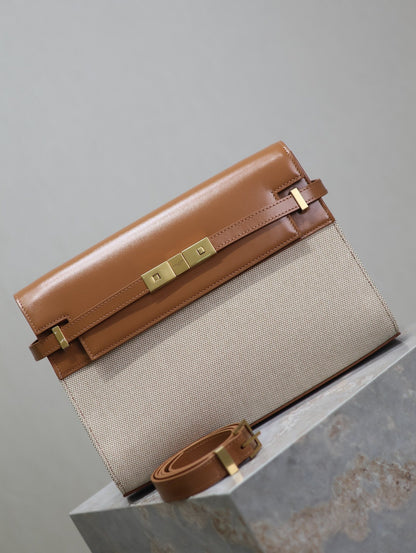 SAINT LAURENT MANHATTAN MEDIUM 29 IN WHITE CANVAS AND BROWN CALFSKIN GOLD BUCKLE
