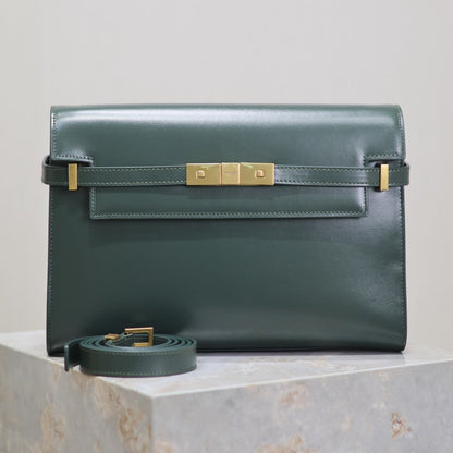 SAINT LAURENT MANHATTAN MEDIUM 29 IN SACRAMENTO GREEN SMOOTH CALFSKIN GOLD BUCKLE