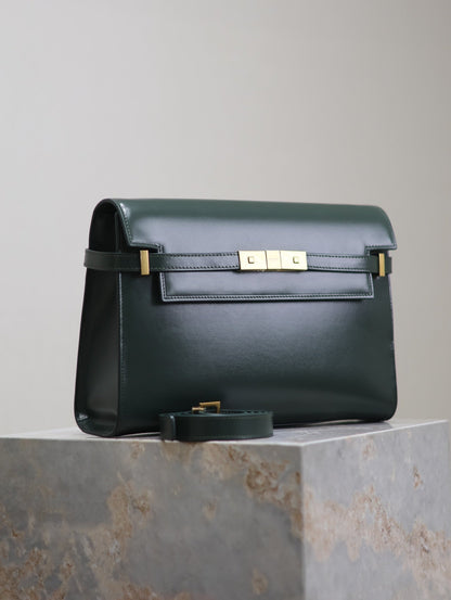 SAINT LAURENT MANHATTAN MEDIUM 29 IN SACRAMENTO GREEN SMOOTH CALFSKIN GOLD BUCKLE