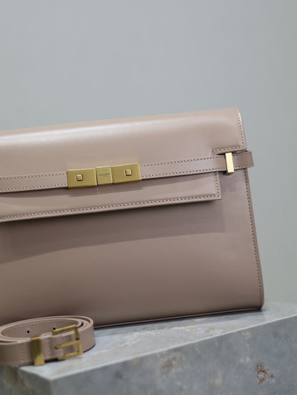 SAINT LAURENT MANHATTAN MEDIUM 29 IN DARK BEIGE SMOOTH CALFSKIN GOLD BUCKLE