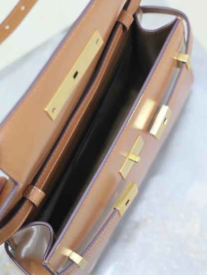 SAINT LAURENT MANHATTAN SMALL 24 IN BRONZE BROWN CALFSKIN GOLD HARDWARE