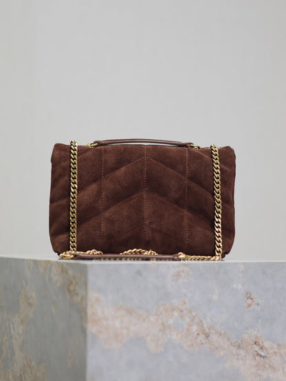 SAINT LAURENT PUFFER TOY 23 IN WALNUT BROWN SUEDE GOLD HARDWARE