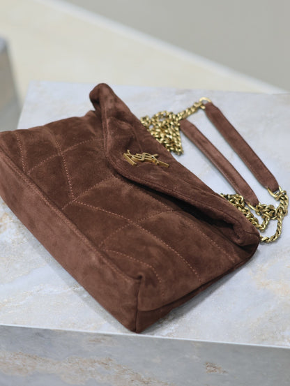 SAINT LAURENT PUFFER TOY 23 IN WALNUT BROWN SUEDE GOLD HARDWARE