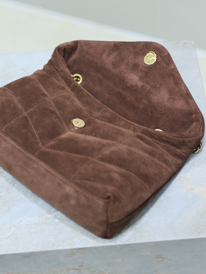 SAINT LAURENT PUFFER TOY 23 IN WALNUT BROWN SUEDE GOLD HARDWARE