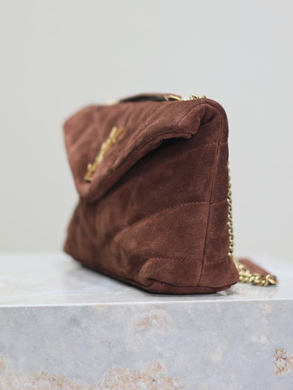 SAINT LAURENT PUFFER TOY 23 IN WALNUT BROWN SUEDE GOLD HARDWARE