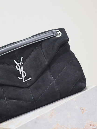 SAINT LAURENT YSL 25S LOULOU PUFFER GM 35 IN BLACK SUEDE SILVER HARDWRE