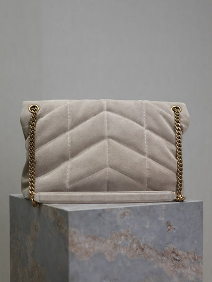 SAINT LAURENT YSL 25S LOULOU PUFFER GM 35 IN SMOKEY TAUPE SUEDE GOLD HARDWRE